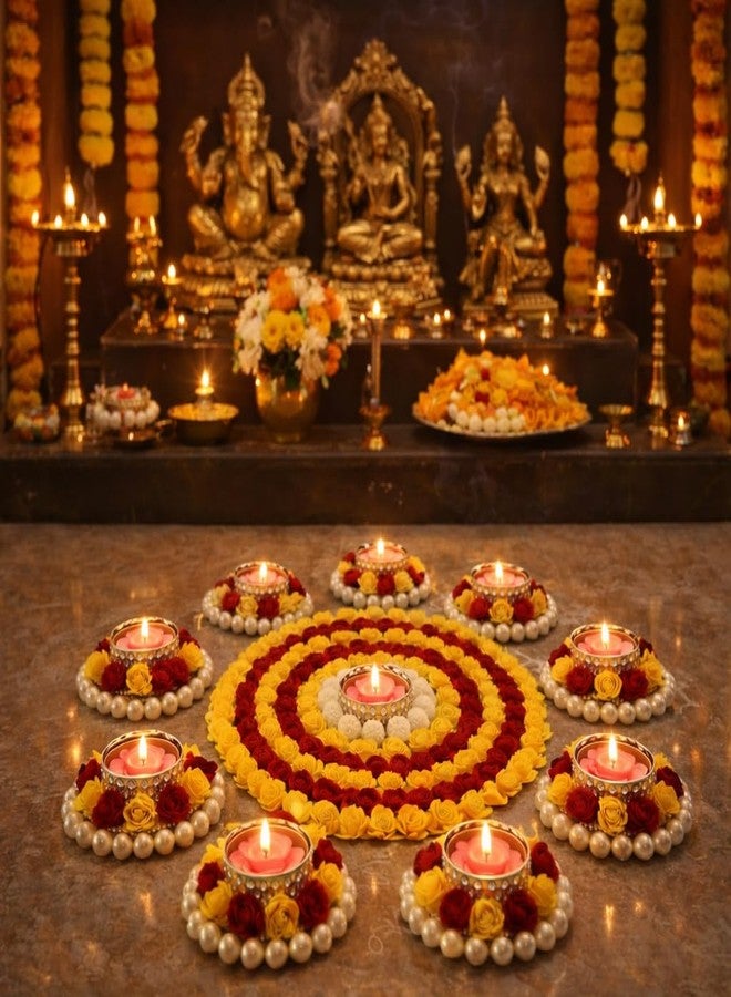 AGAAS ENTERPRISES Beautiful Set of 9 Beautiful Diwali Decoration Flower Design Metalic Diya/Tea Light Candle Holder Floor Rangoli Festival Decor Home Decoration - Image 3